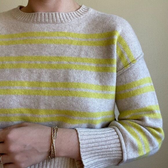 Aqua Womens Beige Yellow Striped 100% Cashmere Crewneck Soft Sweater Sz S - Picture 8 of 10